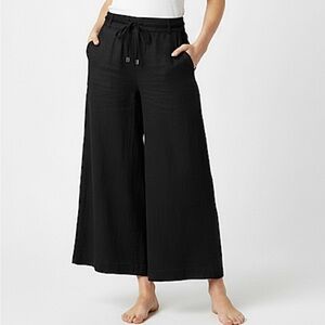 H by Halston Linen Wide Leg Ankle Crop Pants in Black with Pockets S